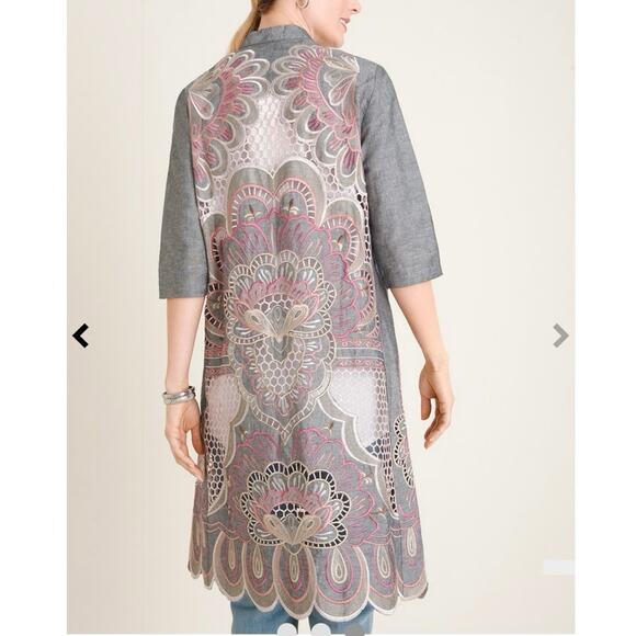Chico's Tops - Chico’s Embroidered Scalloped Hem Long Kimono Open‎ Knit Size Small/Medium Linen